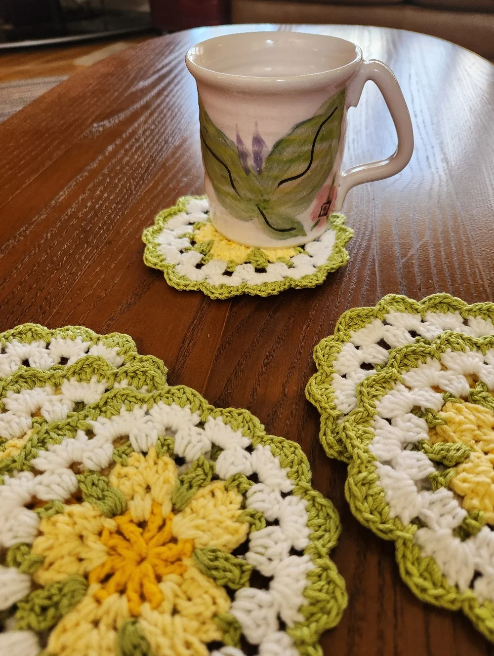 Coasters Handmade Crochet Floral in Yellow, White & Light Green